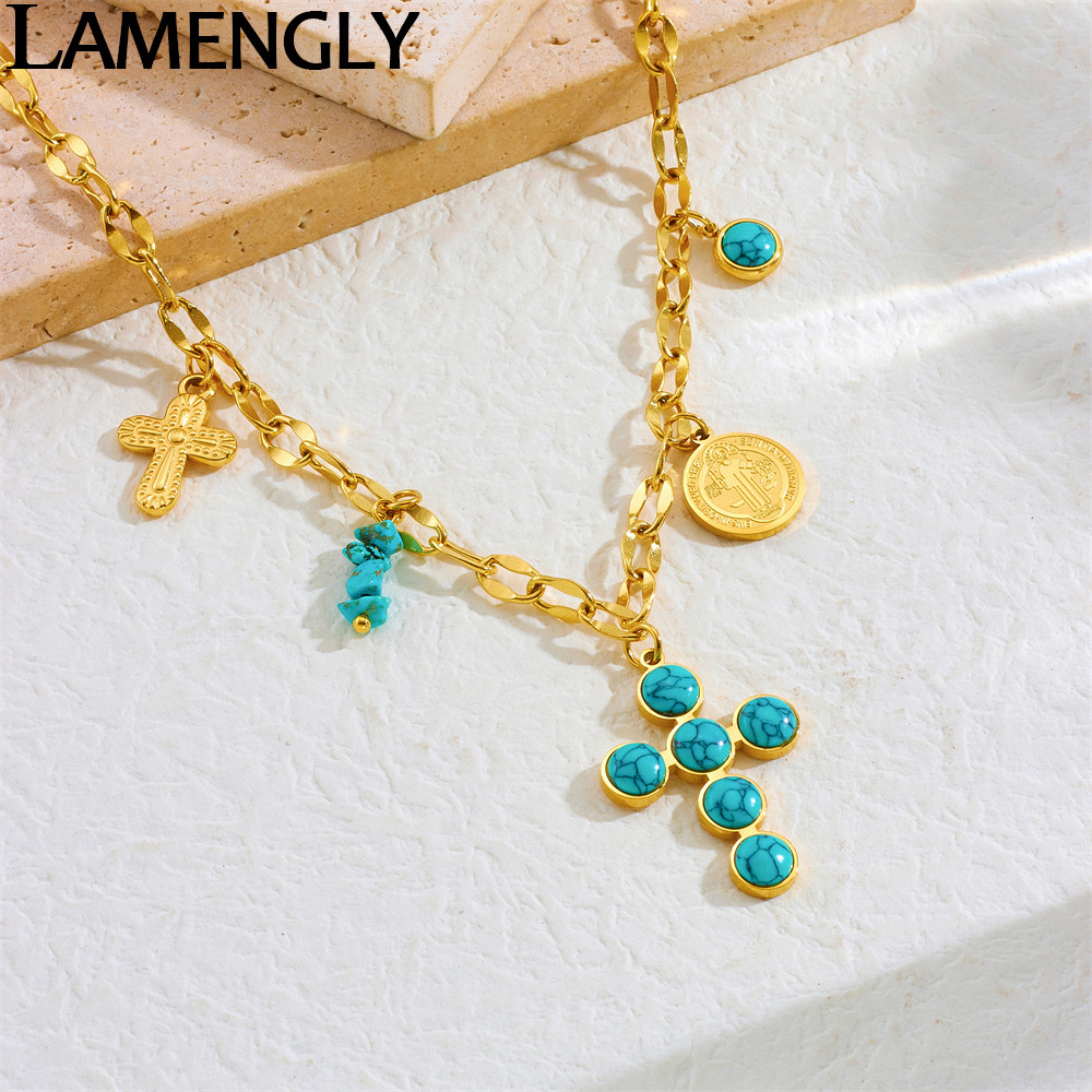

LAMENGLY 316L Stainless Steel Disc Portrait Turquoise Cross Pendant Necklace For Women Niche Classic Clavicle Chain Party Gifts