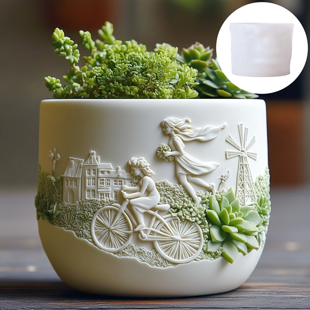 

Windmill Town Cycling Teenager Succulent Plant Pot Silicone Mold Dream Windmill Town Angel Resin Plaster Pot Gypsum Molds