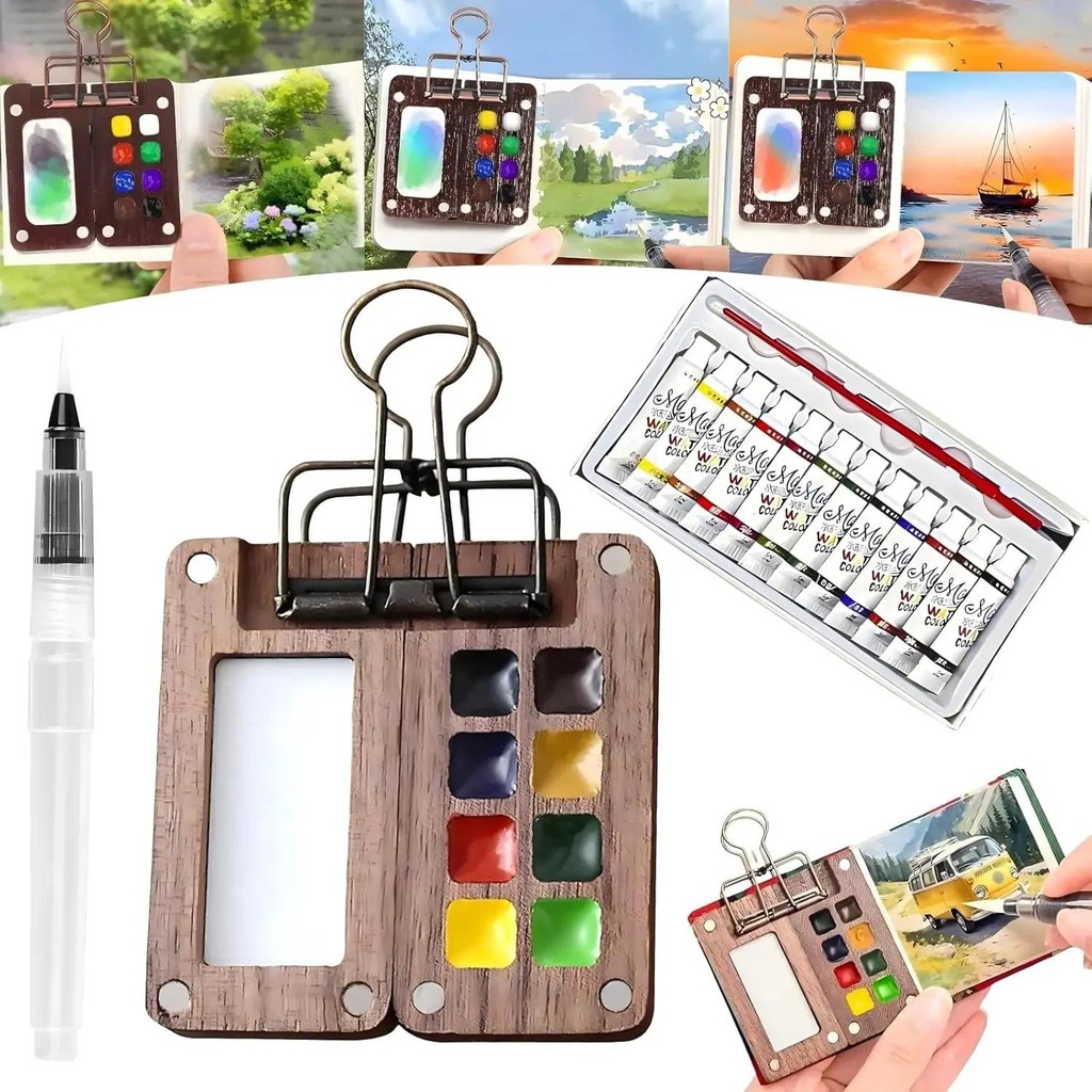 

Mini Watercolor Paint Set Nano Palette with 12 Color Paints Wooden Grid Paint Box for Painters Artists Students