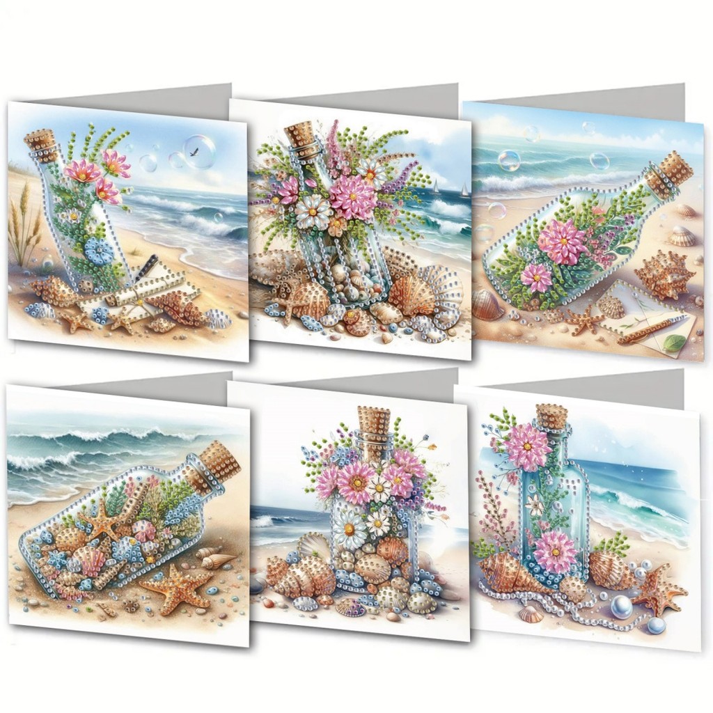 

6-Piece DIY Diamond Painting Kit Sea Theme Greeting Card, Blessings and Wishes, Irregular Shape Diamonds, Paper Material