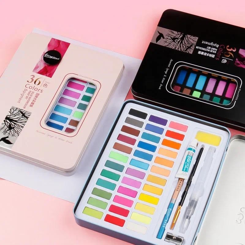 

36/48 color high quality solid watercolor pigment set art supplies tap water pen 9-piece Aluminum alloy hardcover box set