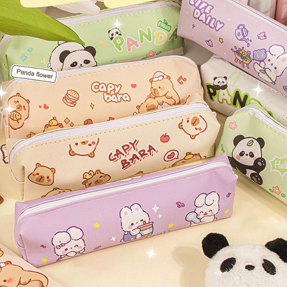 

New Canvas Capybara Pencil Bag Large Capacity Cute Cartoon Pencil Cases Panda Rabbit Stationery Bag