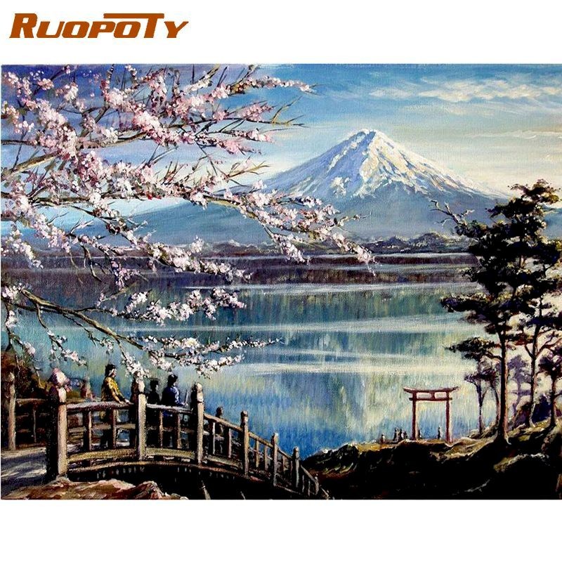

RUOPOTY DIY Painting By Number Mountain Flower Paints Kits Handmade 60x75cm Frame On Canvas Modern Home Wall Decor Pictures