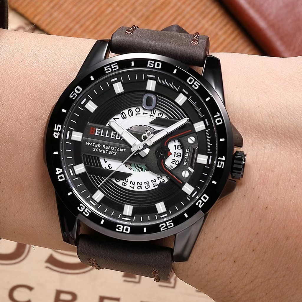 GJ  Jam Tangan Pria Belleda 9382 Tali Kulit Fashion Quartz Men Analog Watch Waterproof 30M