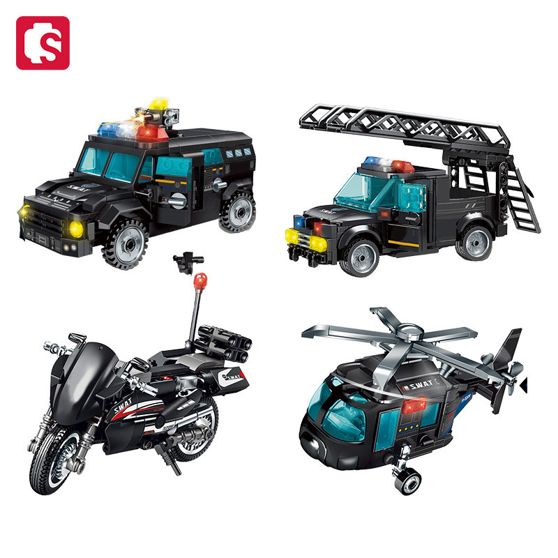 SEMBO Military Vehicle Aircraft Assemblage Building Blocks Kits MOC Helicopter Police Car Model Bric
