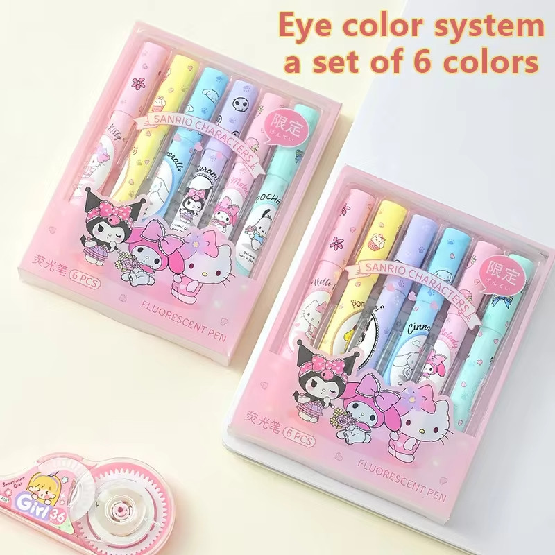 

Sanrio Highlighter Kuromi Melody Hello Kitty Multifunctional Color Pens Stationery Set 6Pcs/box Children's Stationery Gift