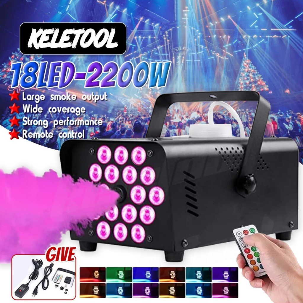 TERLARISMesin asap panggung 2200W LED RGB portable asap warna warni lampu sorot panggung alat foggin