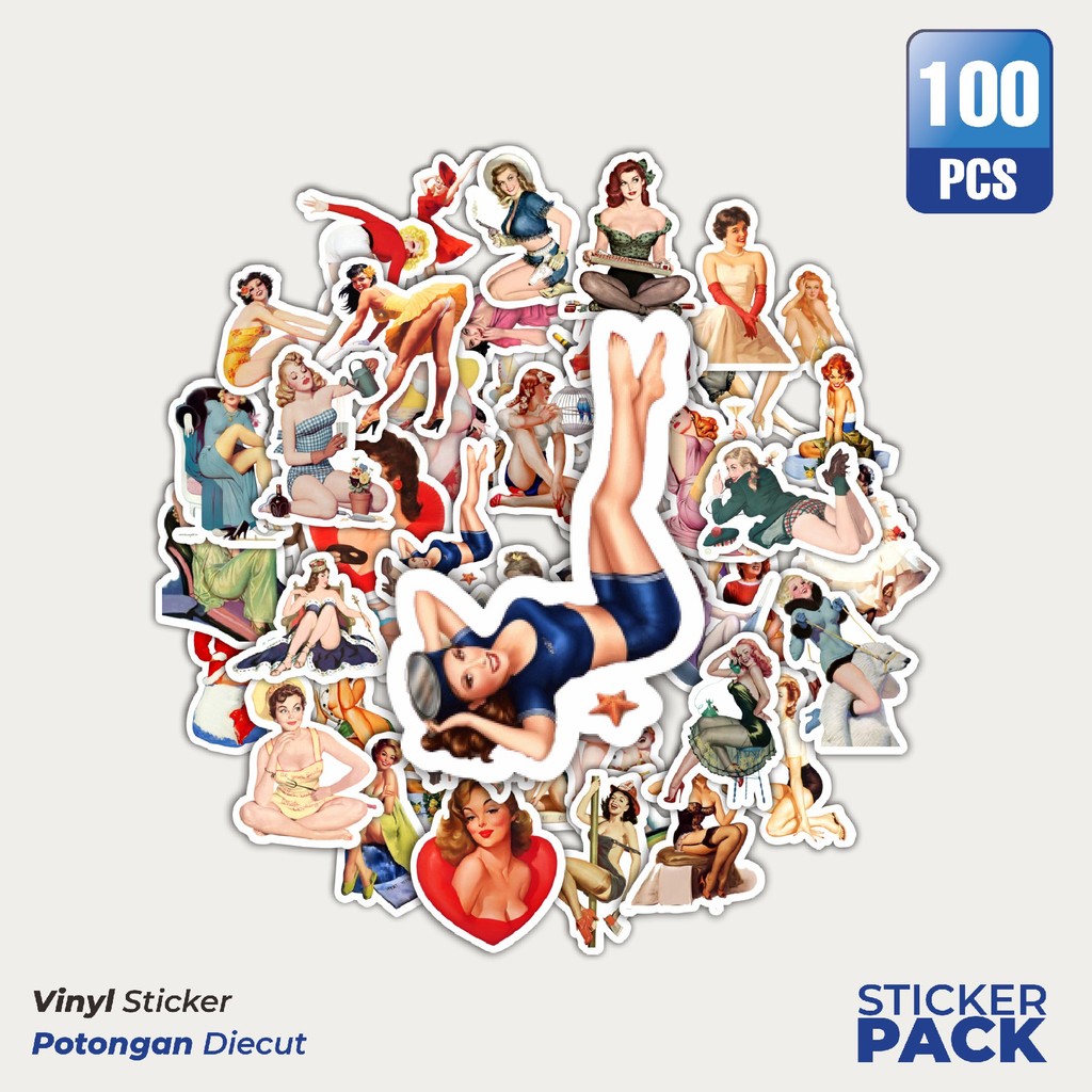 

Super Hemat! 100 PCS Stiker Vintage Retro Pinup Girls Illustration Mix 2 Waterproof Aesthetic- Untuk Laptop, Motor, dan Helm - Paper Stationery Pack