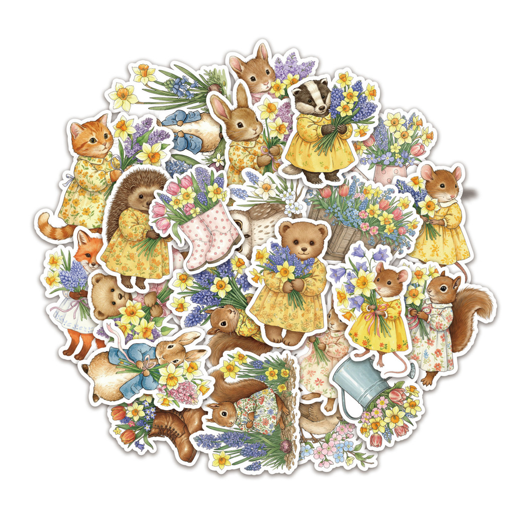 

50PCS Cartoon Cute Animal Stickers Flower Hugging Sticker For Junk Journal Water Bottle Laptop Phone Cases DIY Sticker Pack