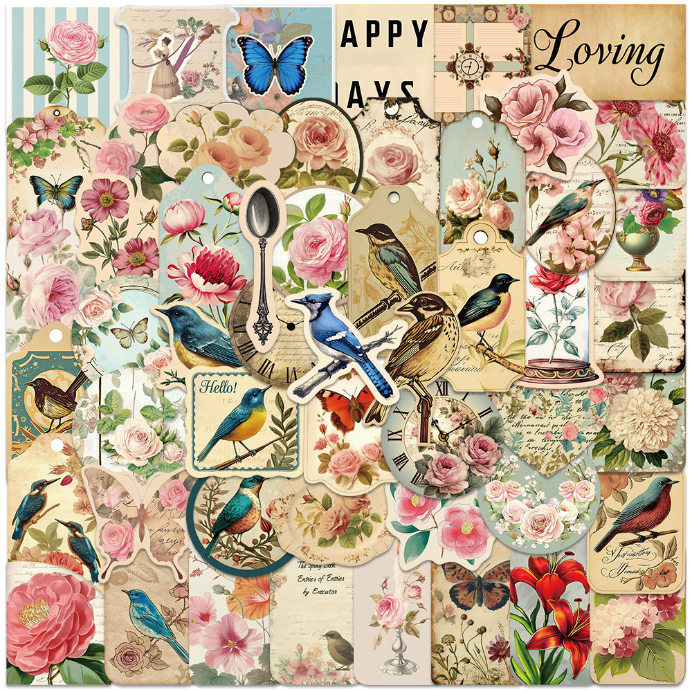 

10/30/50Pcs Vintage Flower Bird Aesthetic Stickers Waterproof Graffiti Laptop Phone Notebook Retro Decoration Sticker Pack