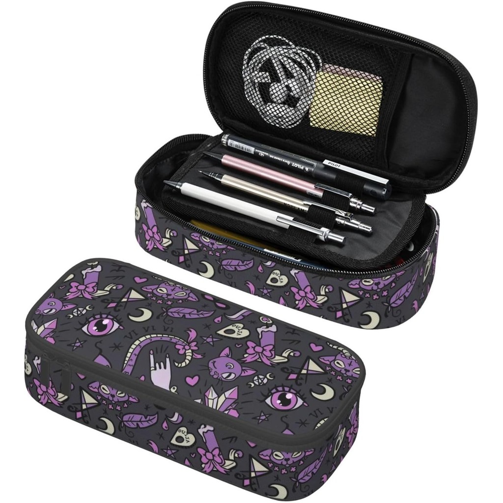 

Magic Goth Gothic Skull Spooky Gray Purple Pencil Case Big Capacity Storage Pencil Pouch Stationery Bags Portable Pen Holder Box