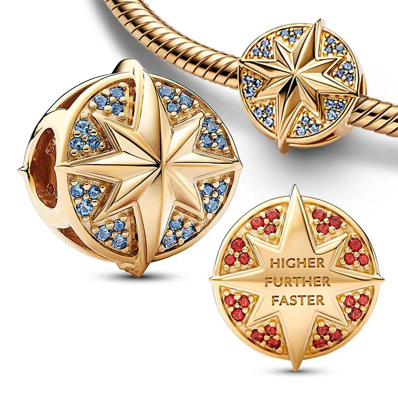 MINISO Marvel Inlaid Zircon Charm Beads 925 Silver Captain Marvel badge Dangle Fit Original Bangle B