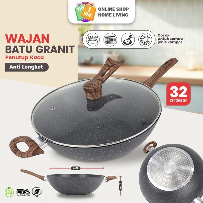 (GRATIS TUTUP KACA) Wajan Penggorengan Lapisan Granit Anti Lengket 32cm Wajan Penggorengan Tutup Kac