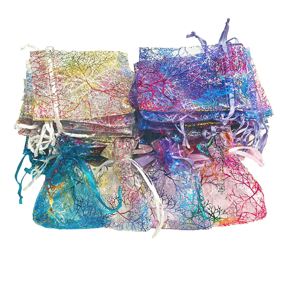 

25/50/100pcs/lot Organza Gift Bag Jewelry Packaging Drawstring Bag Multi-size Colorful Coral Printing Party Wedding Candy Bag
