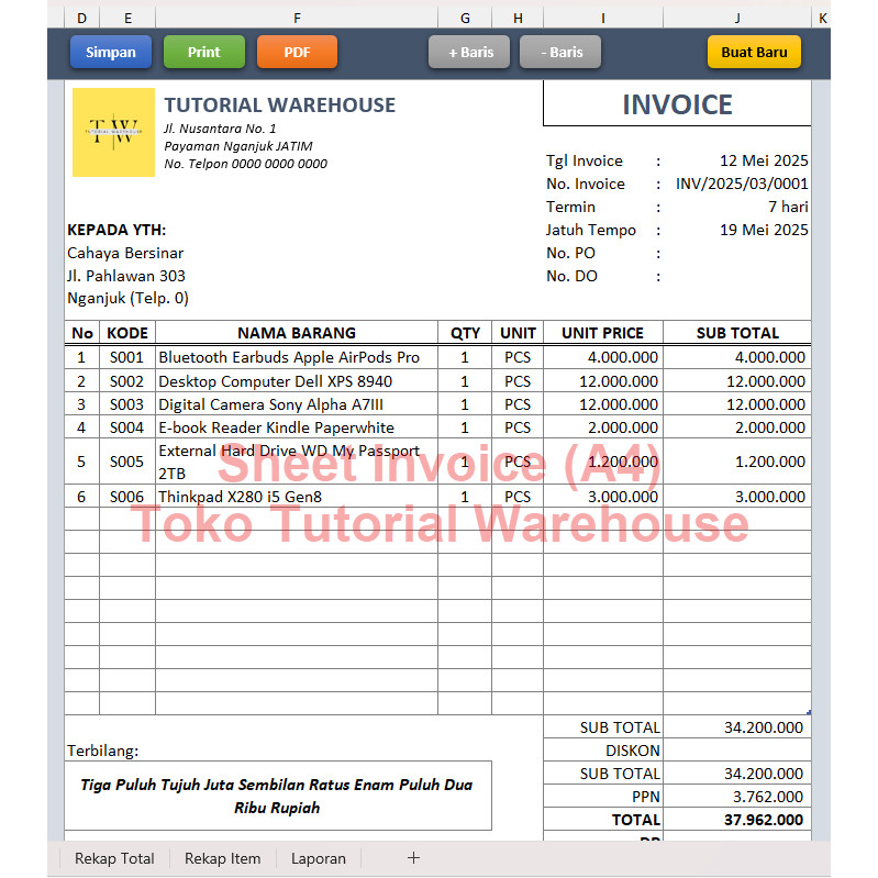 Template Excel Invoice Otomatis Simpan ke Arsip, Cetak PDF, Cetak ke Printer