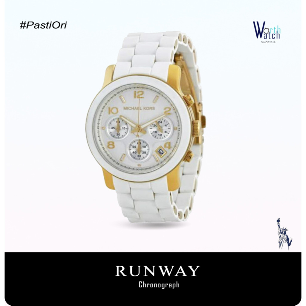 Jam Tangan Wanita Keramik Michael Kors Runway Chronograph White Rubber Strap  BNIB 38mm