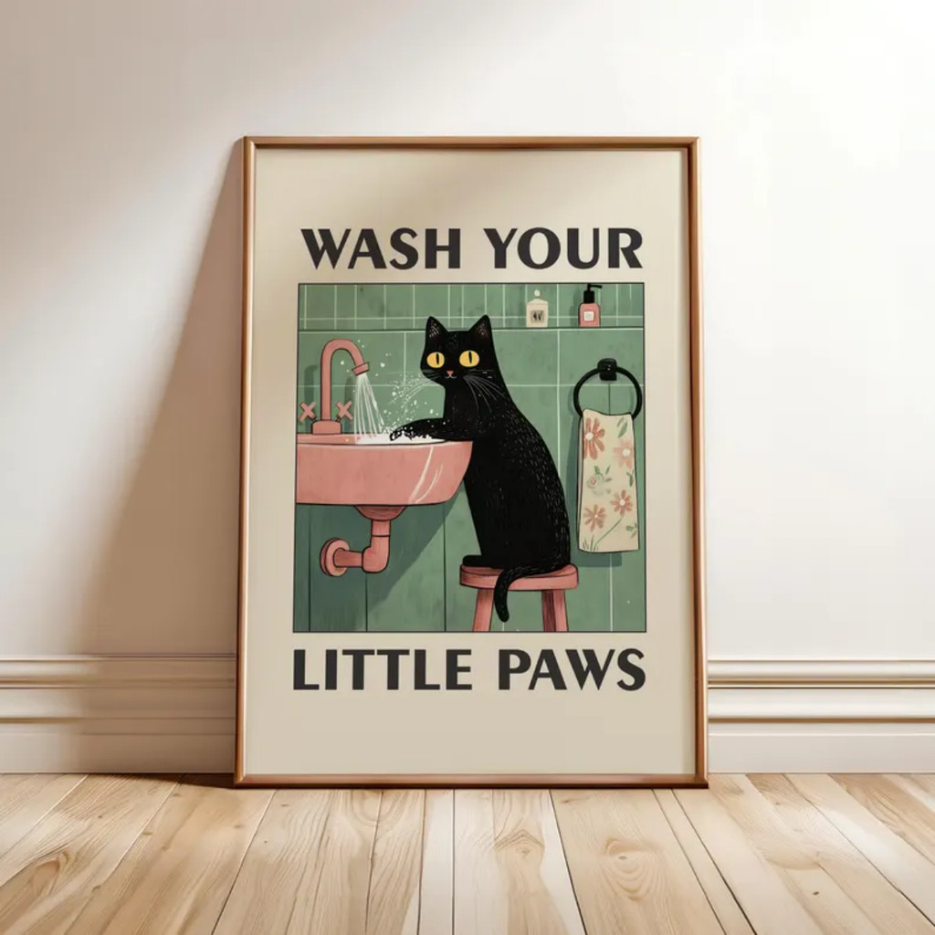 

Wash Your Paws" Cat Illustration Canvas Prints Poster Modern Funny Animal Art Prints Wash Room Bathroom Home Decor Art Poster