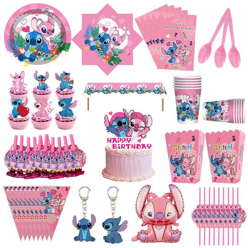 

Disney Stitch Party Supplies Disposable Tableware Balloon Set Festival Gift Pink Lilo&Stitch Birthday Party Decoration for Girls