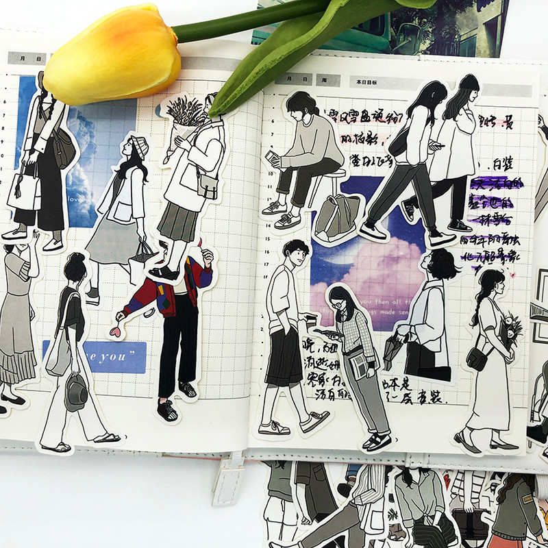 

51pcs Cute Girl's Happy Life Character Boy Handbook Sticker Material Package Set Simple Ins Style Scrapbooking