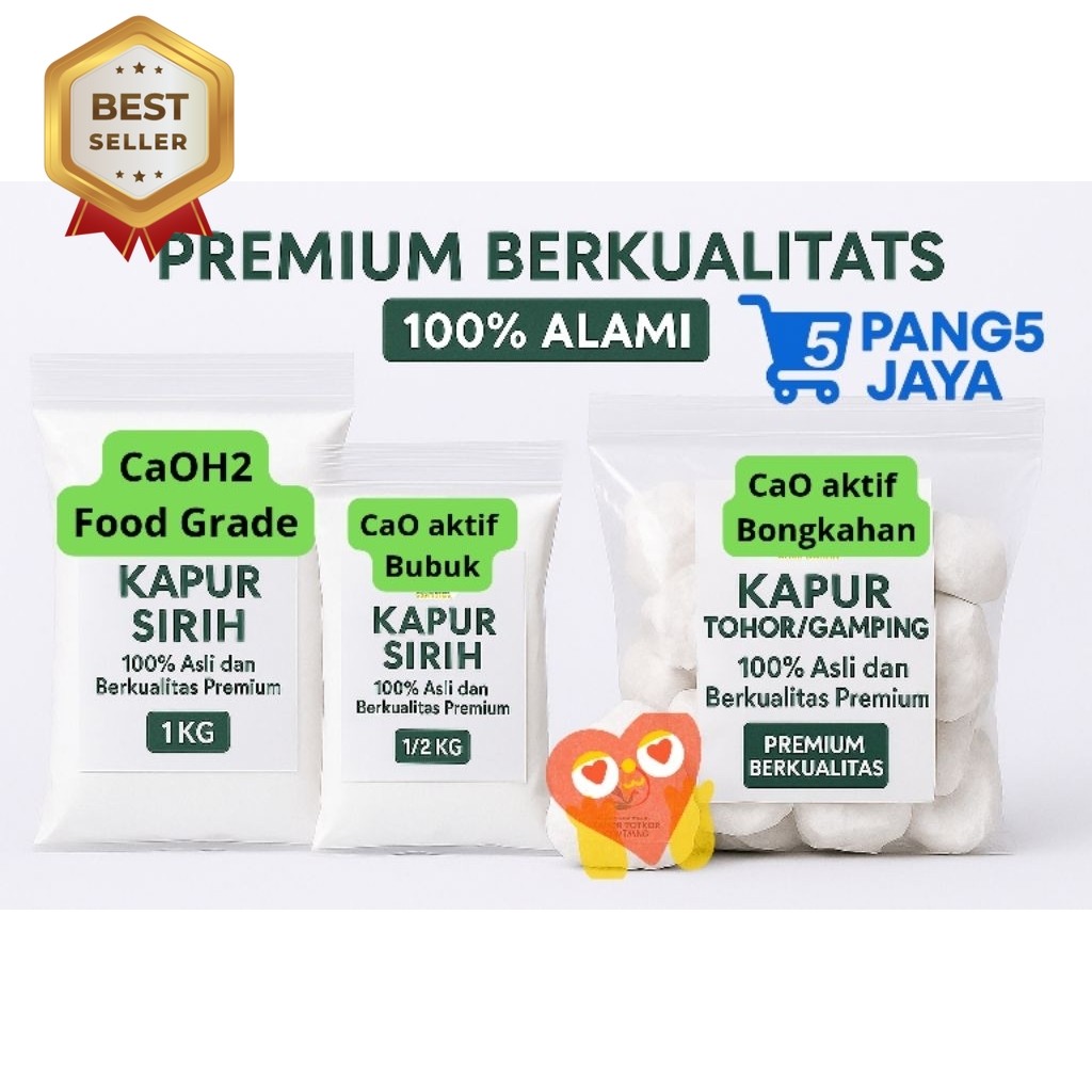 

Kapur Sirih Premium Food Grade CaOH2 | Kapur Tohor /Gamping CaO aktif Bongkahan & Bubuk