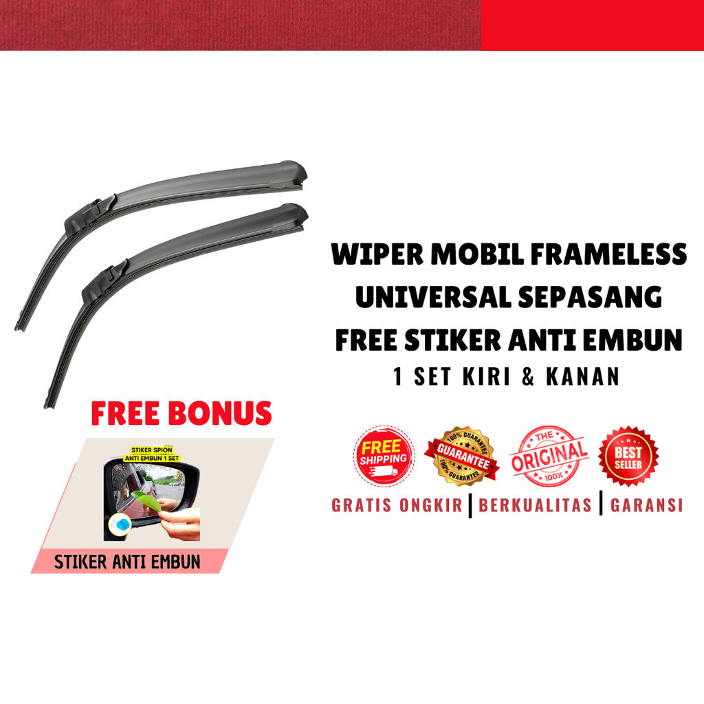 [PAKET] Wiper Soft Model Frameless 1 Set  2 Pcs Kaca Depan Mobil Universal Bonus Stiker Anti Embun