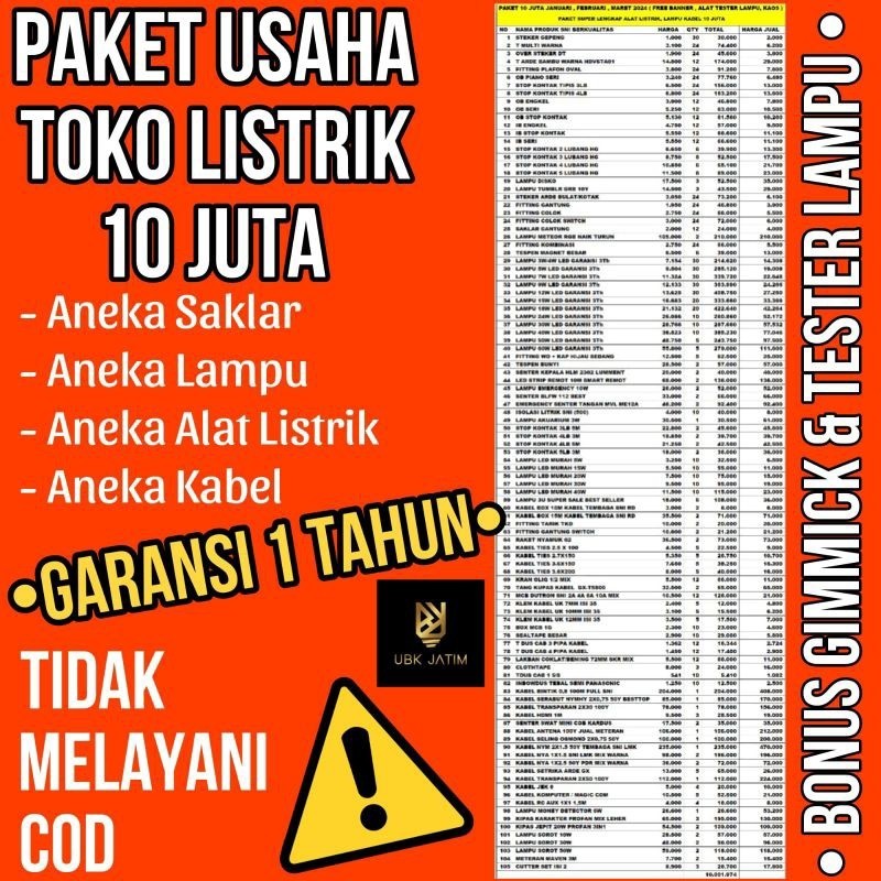 PAKET BELANJA USAHA ALAT LISTRIK UBK 10 JUTA + HADIAH