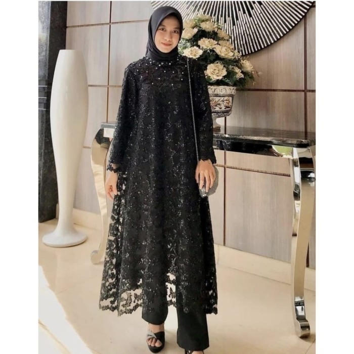 Set Long Tunik dan Celana Modis Muslim Wanita Setelan Astrid - Hitam
