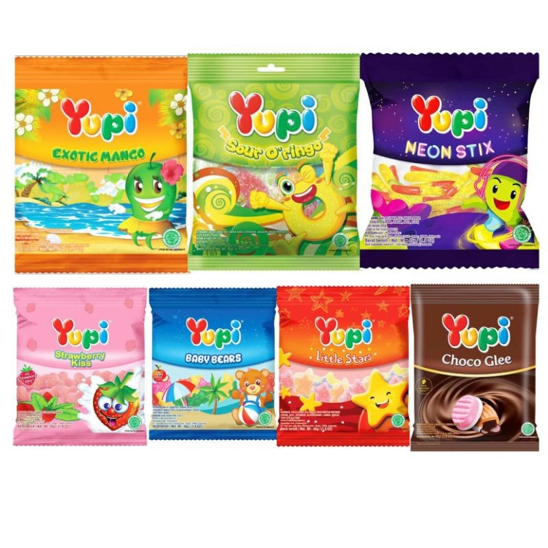 

YUPI Permen Jelly 42 45 gr Choco Glee Little Stars Baby Bears Sour O' Ringo Exotic Mango Neon Stick Strawberry Kiss