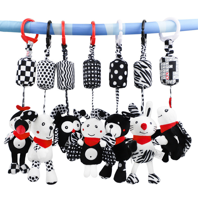 

Baby Hanging Rattles Toys White Black Stroller Infant Crib Toys Soft Plush Car Seat with Wind Chimes Birthday Gift for Newborn