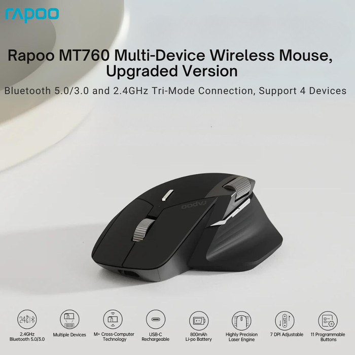 New Rapoo MT760 Rechargeable Multi-mode Wireless Mouse Ergonomic 3200 DPI Easy-Switch Up to 4 Device