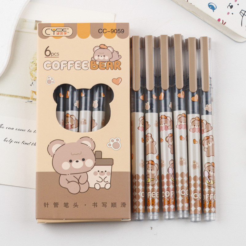 

[GROSIR ATK] 1 SET ISI 6 PCS PULPEN DENGAN UJUNG RUNCING MOTIF BROWN BEAR AND A COFFEE KAWAII