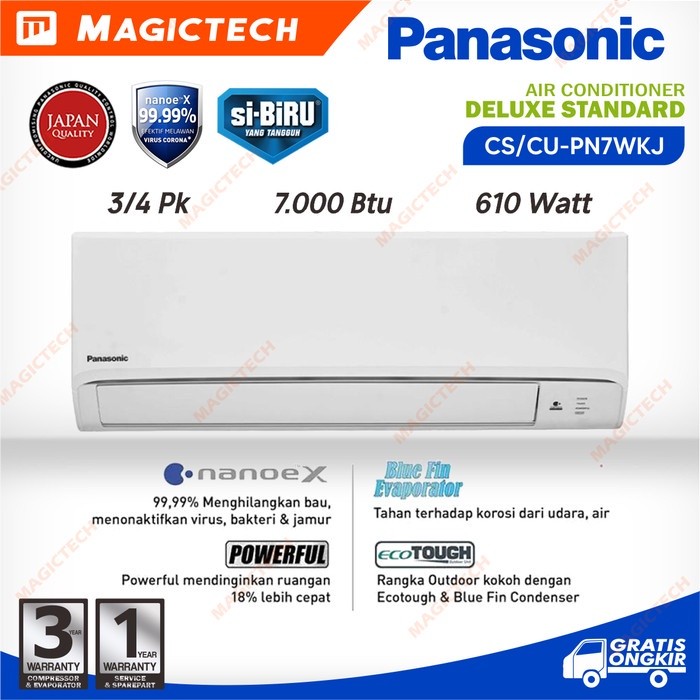 AC PANASONIC 3/4 PK (0.75 PK) CS/CU-PN7WKJ SI-BIRU DELUXE NANOE-X