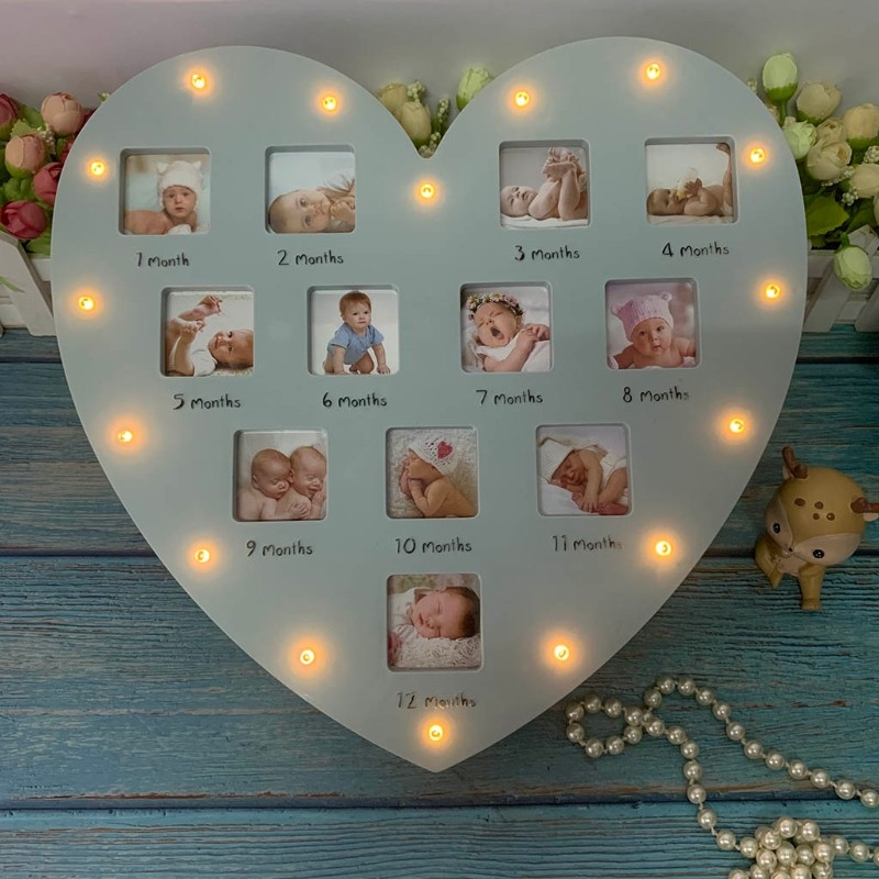 

C9GB First Year Baby Frame with Light 0-12 Month Heart Photo Frame