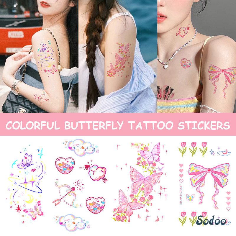 Gadis Stiker Tato Kupu-kupu Berwarna-warni Stiker Tato Simulasi Tahan Air Tato yang Dapat Dicuci- SO