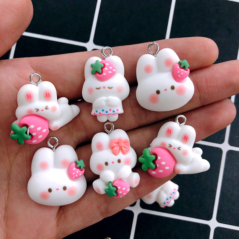

10pcs Kawaii Pink Bowknot Strawberry Rabbit Resin Charms Small Animal Pendant For Earring Keychain Crafts DIY Jewelry Making