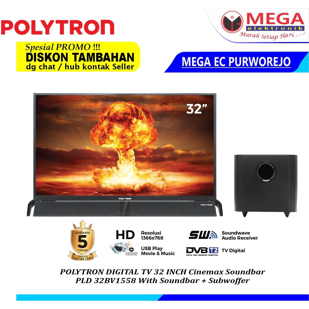 POLYTRON DIGITAL TV PLD 32BV1558 32 INCH WITH SOUNDBAR + SUBWOFFER