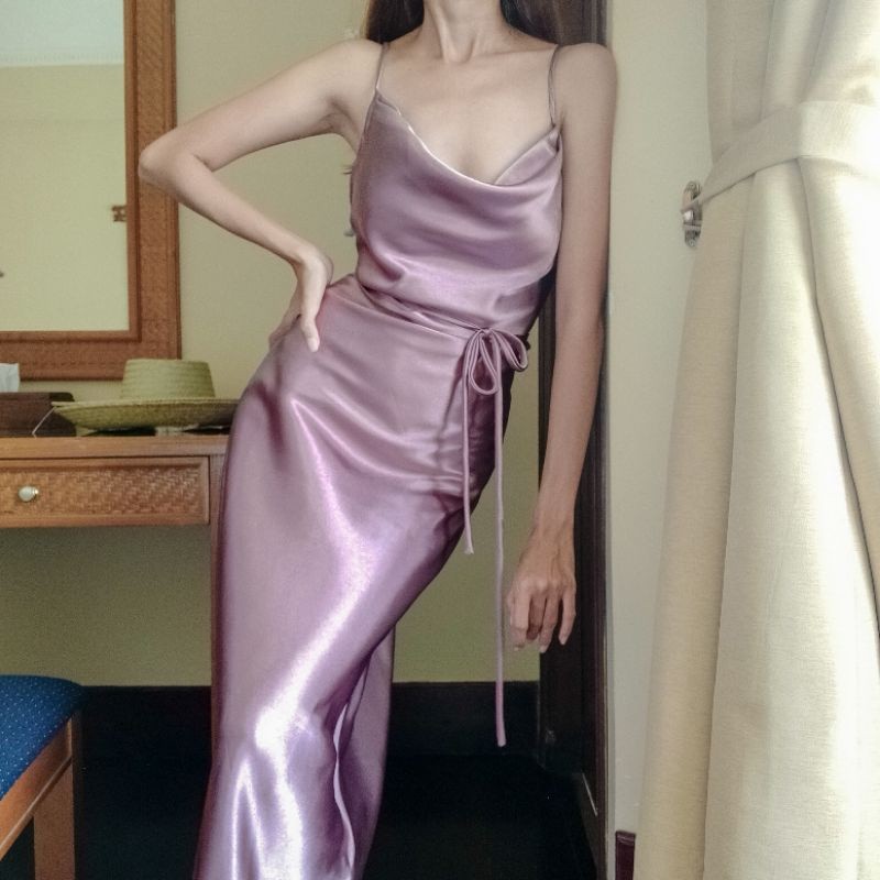 F080 SILK DRESS  KOREA STYLE Silk VINTAGE DRESS BRIDESMAID BODYCON SEXY  [Tren_Fashion.id]