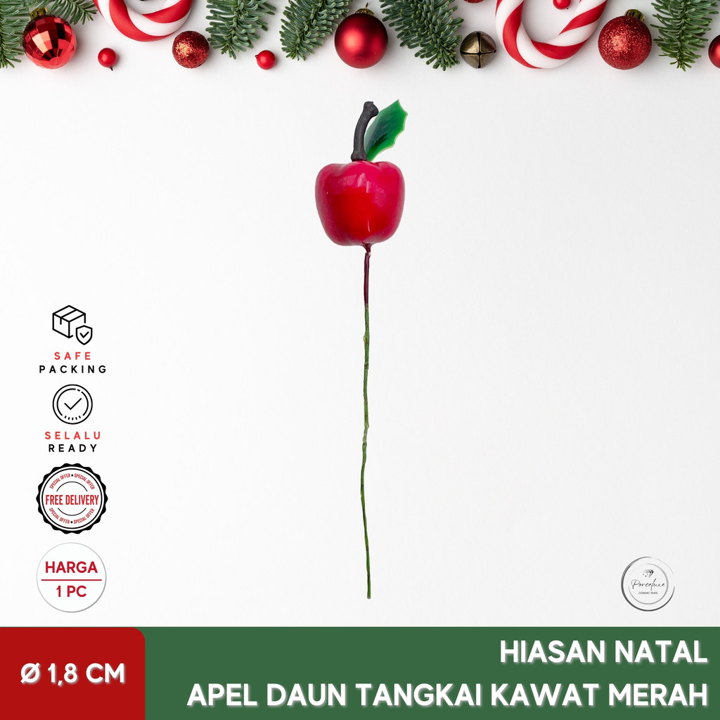 

Hiasan Natal Buah Apel Merah Tangkai + Daun Holly Kawat Diameter 1,8 cm Christmas Apple Lobi Hiasan Dekorasi Kado Hampers