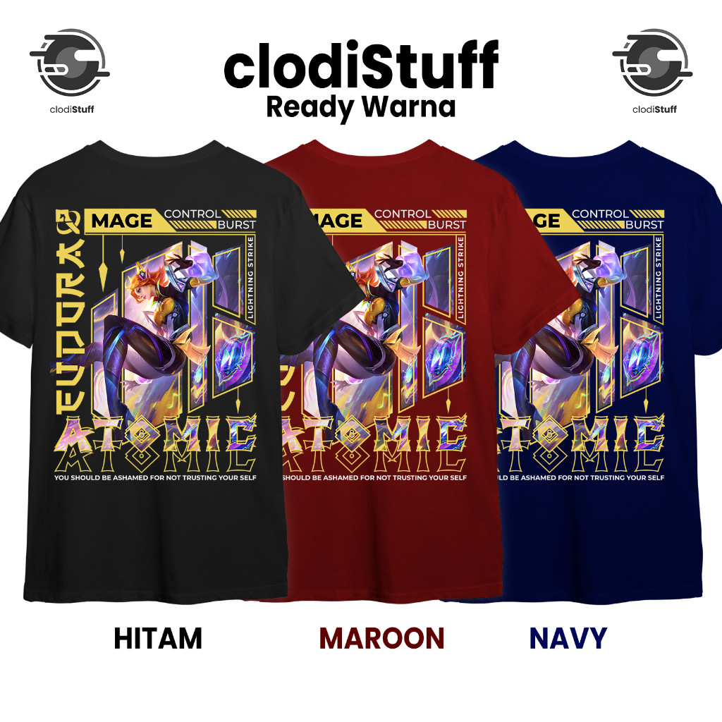 Kaos EUDORA ALLSTAR ATOMIC POP SKIN Mobile Legends MLBB Lengan Pendek Hitam Combed 30s Pria Wanita