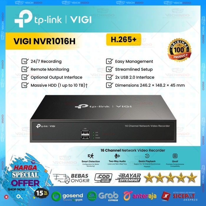 Tp-Link VIGI NVR1016H  NVR 16 Channel H.265 ONVIF Up to 10TB Storage CCTV 