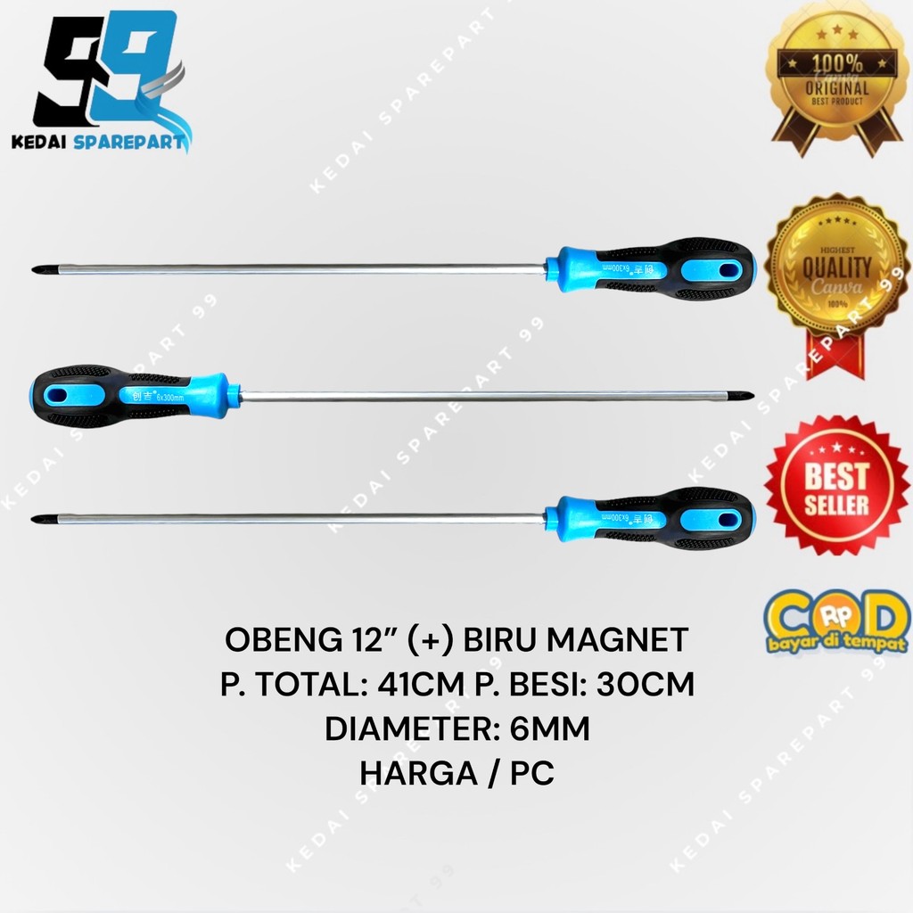 OBENG PANJANG MAGNET PLUS + GAGANG KARET 12 INCH BIRU