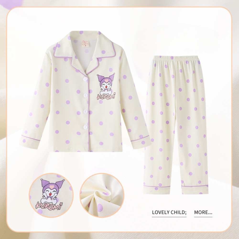 Sanrio Kuromi Melody Children Pajama Sets Collar Adorable Cartoon Print Kids Sleepwear Set Soft Comf
