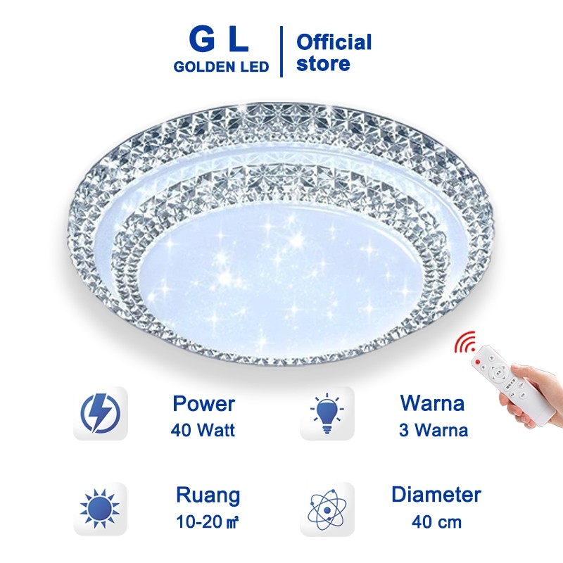 GL Lampu Kristal LED Ceiling Plafon 3 Warna 40 Watt Dua Tingkat Bulat