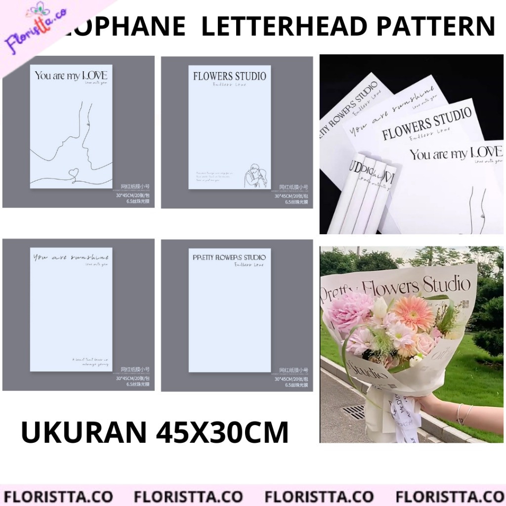 

(LEMBARAN) KERTAS CELLOPHANE LETTERHEAD PATTERN KERTAS PUTIH TULISAN FLOWER STUDIO