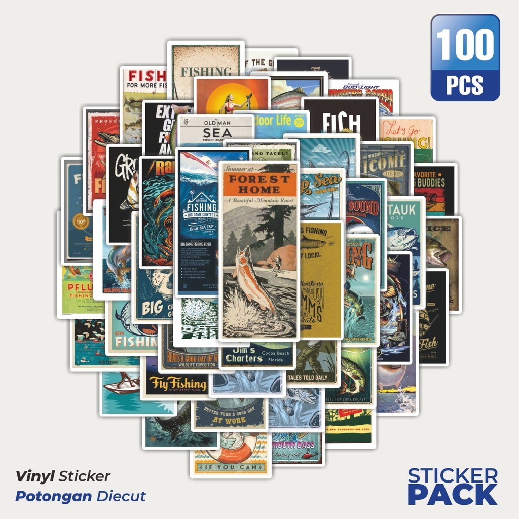 

100 PCS STIKER Fishing Nature Yarn [Benang Alam Memancing] Waterproof Aesthetic- Untuk Laptop, Motor, dan Helm - Paper Stationery Pack