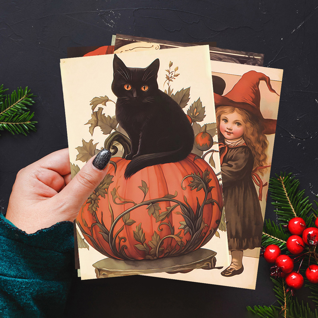 

10pcs Vintage Halloween Greeting Cards Halloween Decoration Postcard with Black Cat,Pumpkin, Wall Stickers Note Cards Home Decor