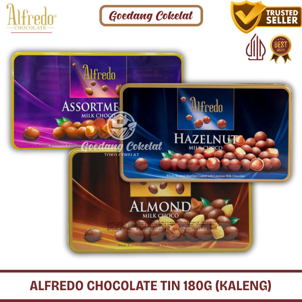 

Alfredo Tin Chocolate Milk Hazelnut Raisins Almond Assortment Chocolate Choco Kemasan Box Kaleng 180 gram