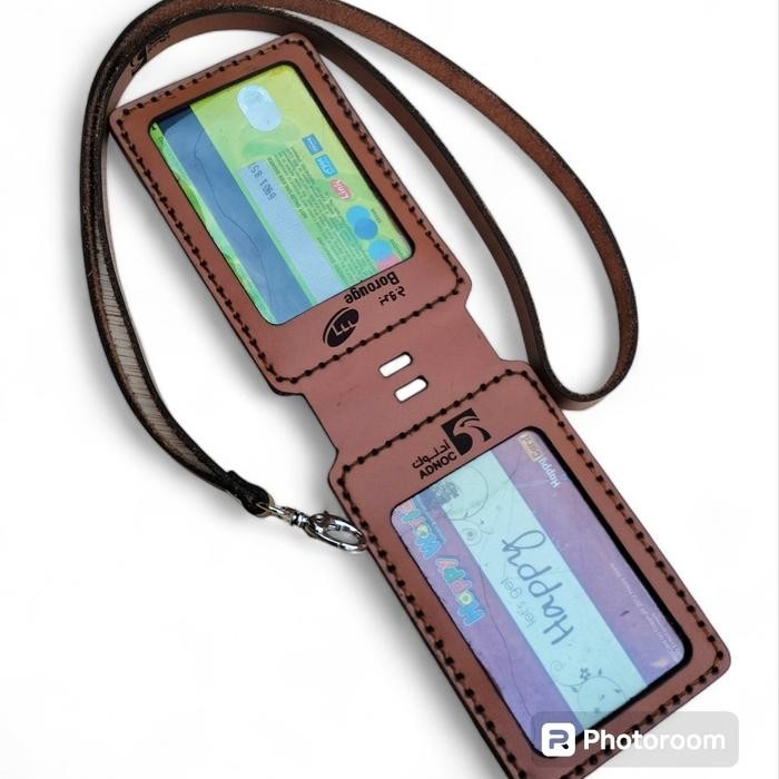 

Name Tag 2 Sisi Kulit Asli Tebal Id Card Holder Lanyar Gantungan Kartu 2 Muka Free Nama Logo Foto - Tan, Free Custom