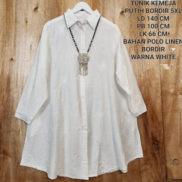 Tunik Kemeja Putih Jumbo Wanita Ld 140 Cm Motif Full Bordir Kekinian - WHITE, 5XL