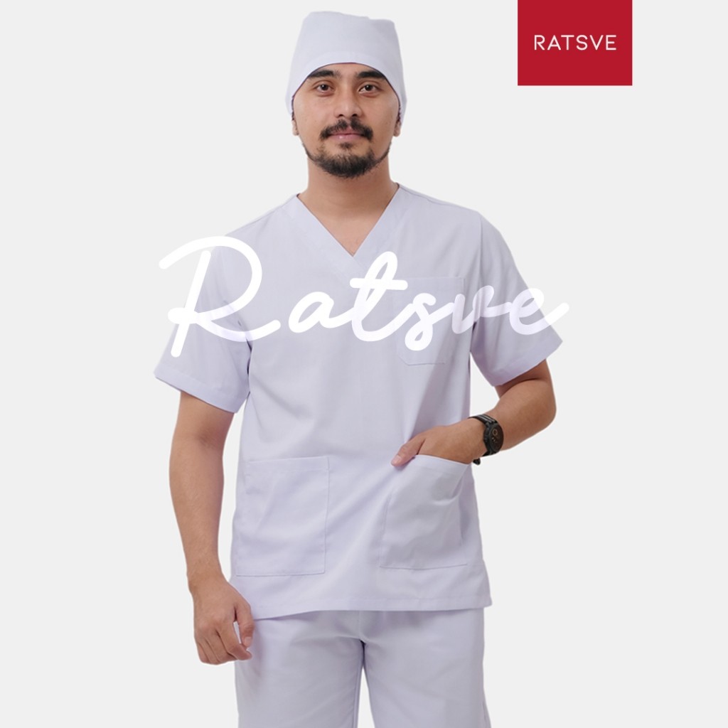 New Baju Jaga Perawat / Setelan Baju OK Medis / Scrub Dokter Lengan Pendek Ratsve Warna Putih